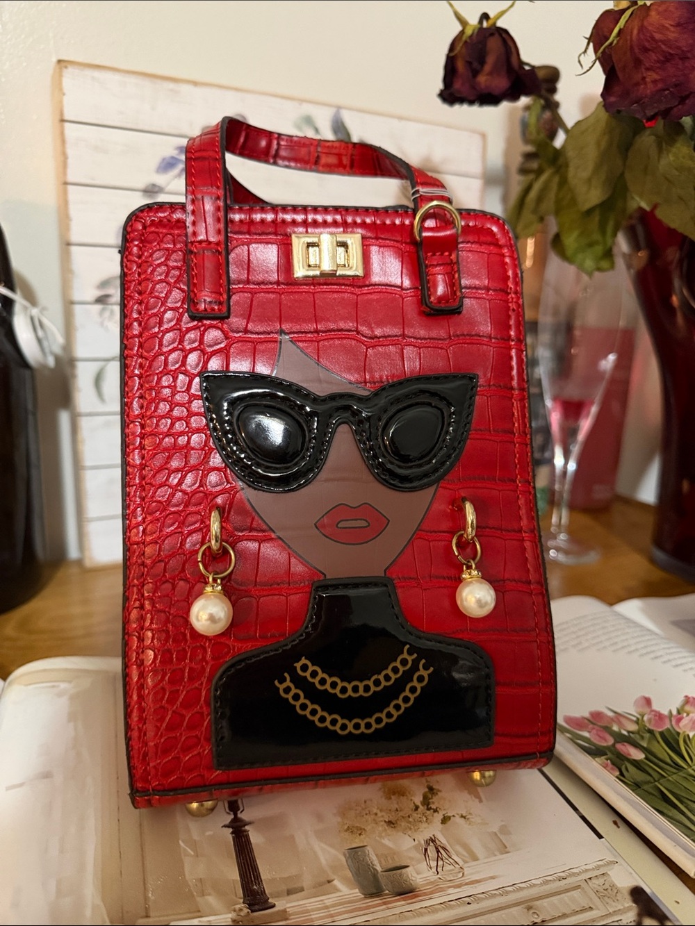 Red Croc-Texture Mini Handbag with Graphic Face Accent